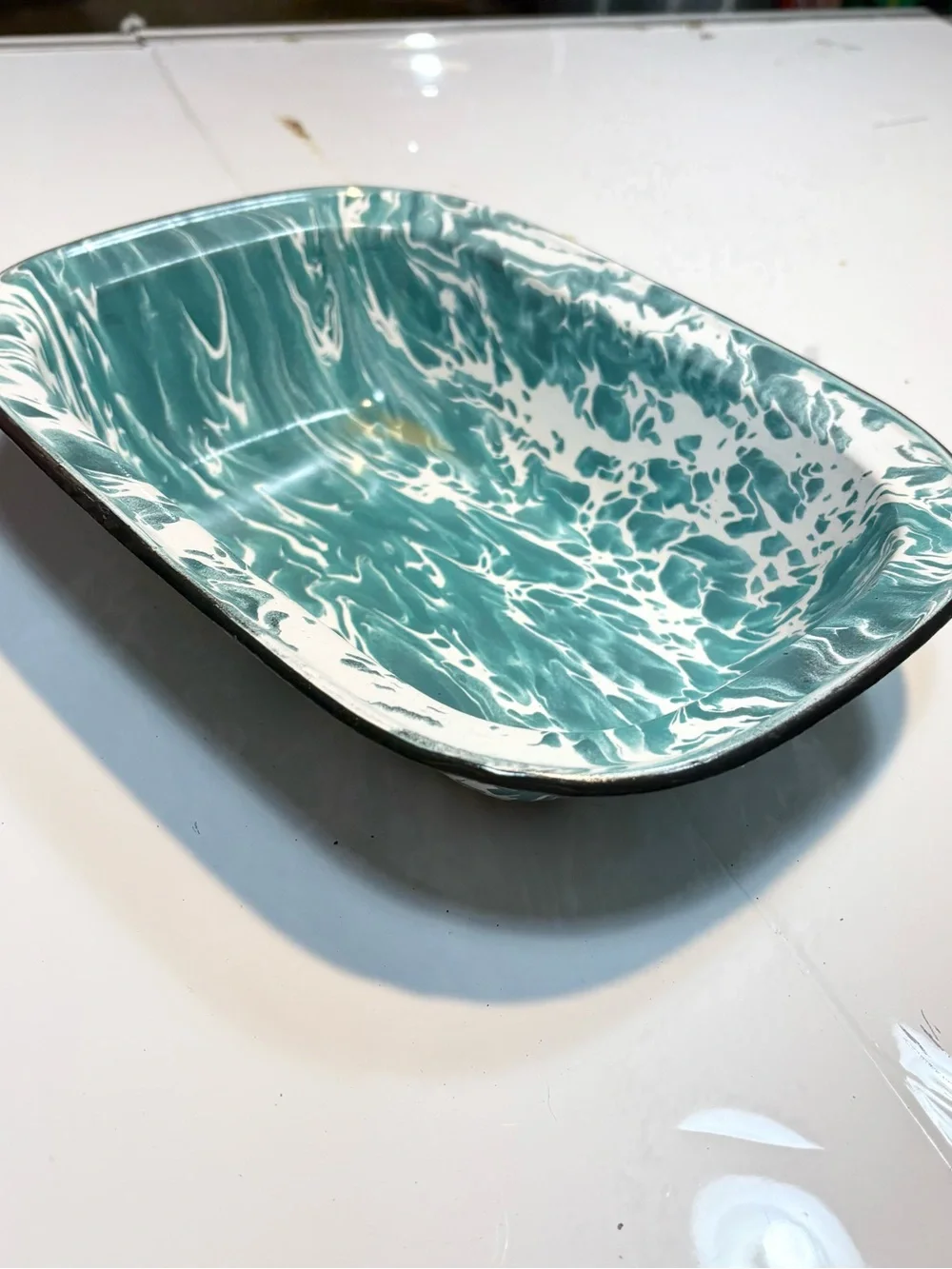 vintage rectangular enamelwear baking pan teal white swirl pattern